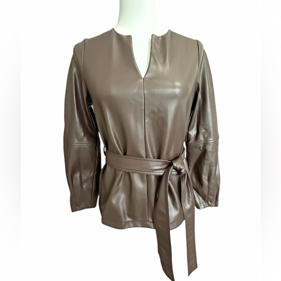 Banana Republic Vegan Leather Tunic Top Belted Chocolate Faux Leather XS NWOT - Picture 1 of 9